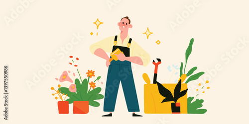 A confident gardener with a toolkit and vibrant floral arrangement showcases the beauty of nature's bounty in an artful illustration.