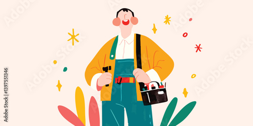 A skilled repairman, equipped with essential tools and a cheerful demeanor, stands ready for a service call against a charming, illustrated backdrop, ready to solve the problem.