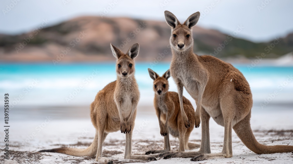 Fototapeta premium Kangaroo family exploring the beautiful beach at Lucky Bay, Esperance