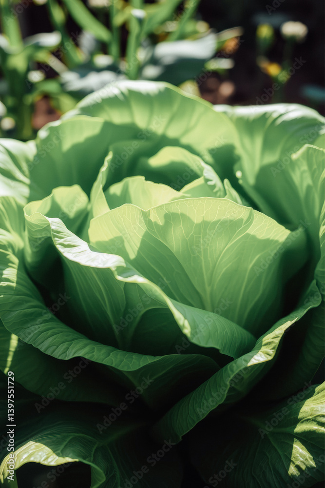 Obraz premium Healthy Green Cabbage Growing in Garden