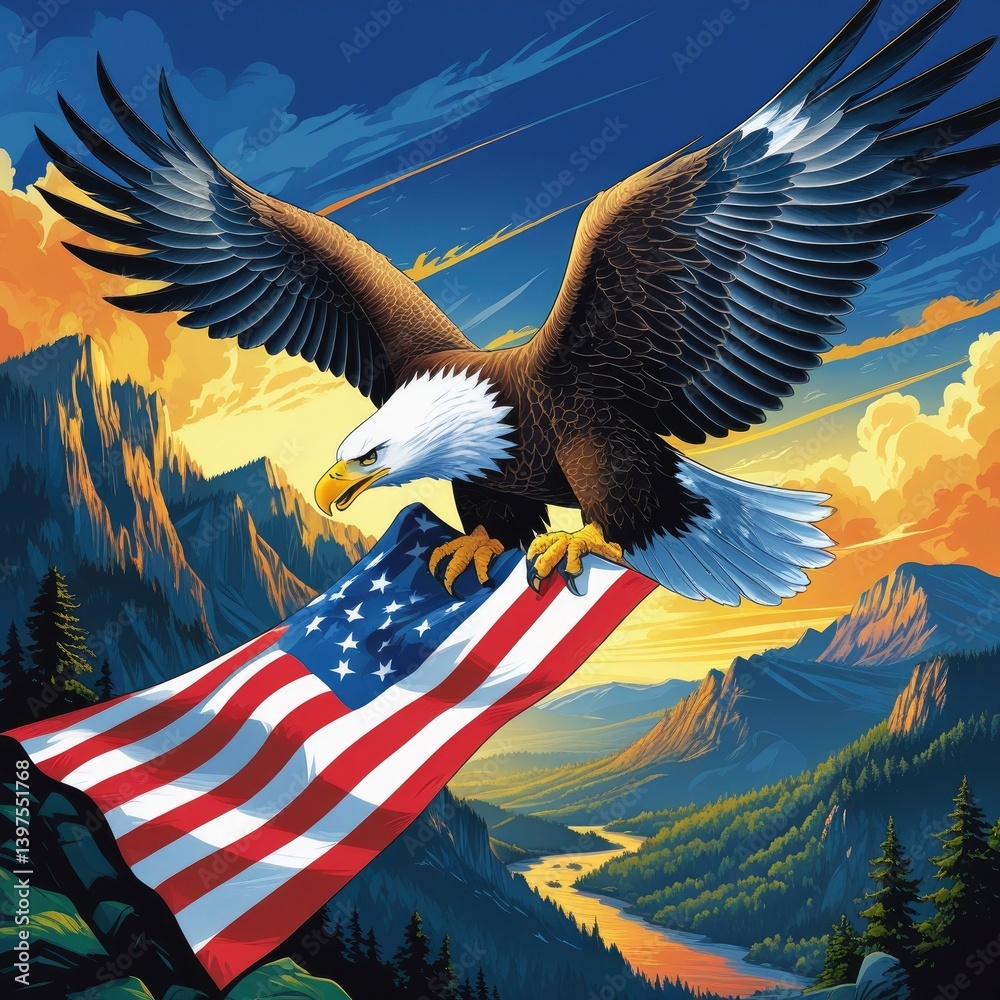Fototapeta premium Eagle Soaring with Flag Design