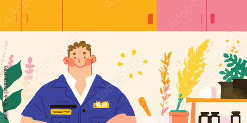A cheerful man in a blue shirt stands with arms folded against a backdrop of vibrant floral arrangements and potted plants, capturing a lighthearted and vibrant atmosphere.  