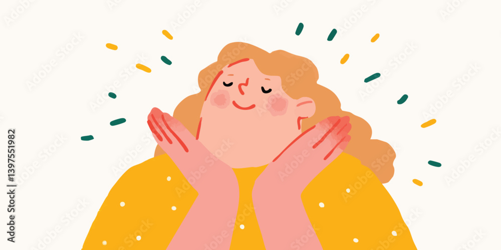A cheerful illustration captures a woman radiating joy and positivity, hands gently raised in a gesture of happiness. It's a vibrant image representing optimism and good vibes. A cheerful illustration captures a woman radiating joy and positivity, hands gently raised in a gesture of happiness. It's a vibrant image representing optimism and good vibes.