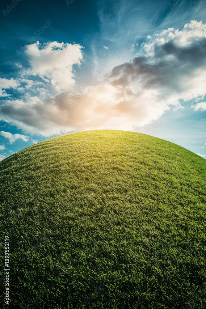 Steep green grass hill under blue partly cloudy sky landscape.