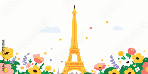 The Eiffel Tower stands tall amidst a vibrant floral backdrop, symbolizing the beauty and charm of Paris. Its intricate structure contrasts with the delicate blossoms.