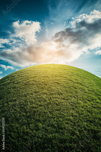 Obraz na płótnie Steep green grass hill under blue partly cloudy sky landscape. w salonie