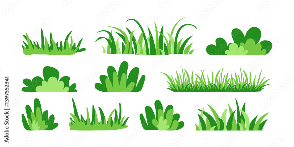 Fototapeta premium Grass icon, meadow, bush tuft, green lawn, outdoor plant set isolated on white background. Cartoon garden border. Simple floral fence. Vector illustration