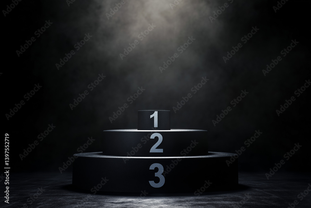 Winner pedestal podium with 1, 2 and 3 steps. Competition placement with dramatic light. Symbolizing top three positions of event.