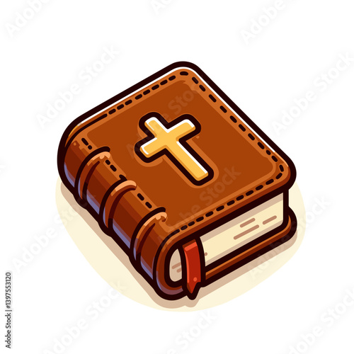 Small brown Bible with gold cross on cover in religious style. Perfect for faith symbols, Christian literature and religious education illustrations.