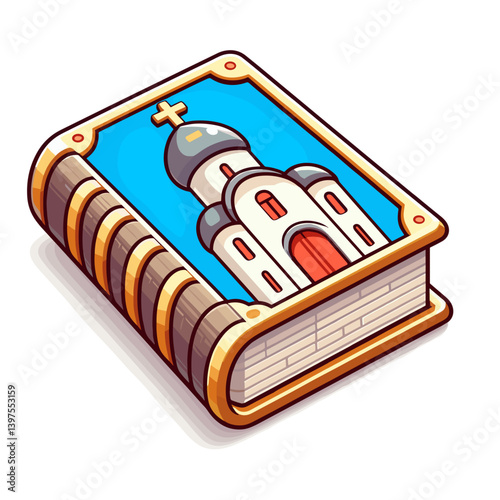 Religious book with church illustration on blue background. Ideal for faith literature, spiritual guidance and religious education materials.