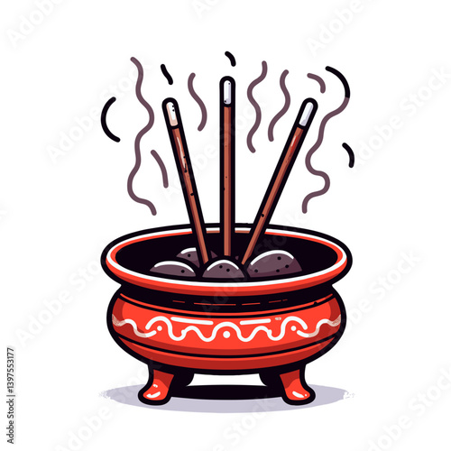 Incense burner with smoking sticks in oriental style. Perfect for meditation practices, aromatic therapies and spiritual ritual illustrations.