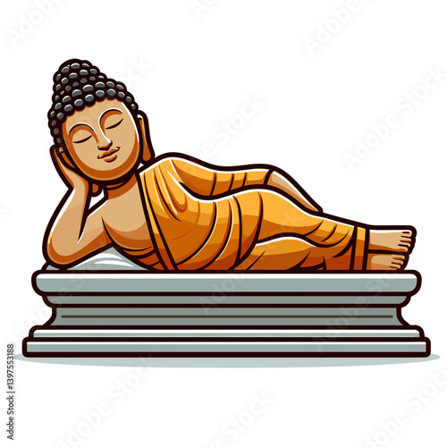 Reclining Buddha statue in golden yellow in traditional Asian style. Perfect for Buddhist symbolism, meditation spaces and spiritual decor illustrations.