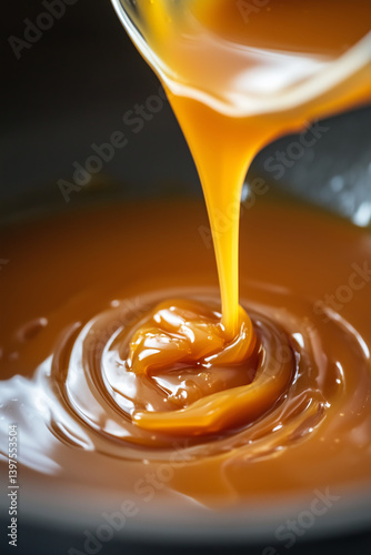 Melted sweet caramel sauce dripping close up detail texture. Rich dessert filling. Pastry and baking concept background.