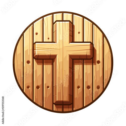 Wooden cross on circular background in rustic style. Perfect for religious themes, spiritual content, and Christian faith illustrations.