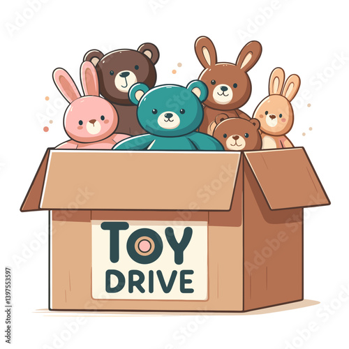 Box of teddy bears and bunnies labeled "Toy Drive". Ideal for charity events, donation campaigns, and community service illustrations.