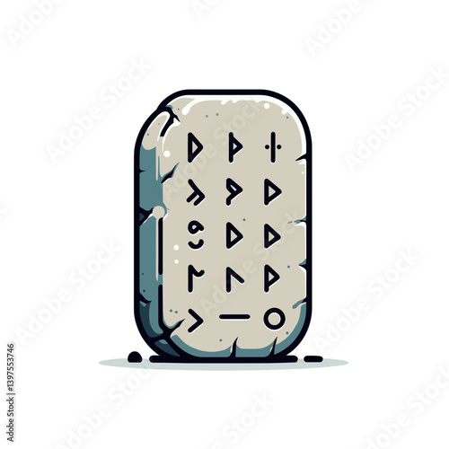 Ancient stone tablet with carved symbols in gray minimalist style. Ideal for archaeological discoveries, historical artifacts, and ancient civilization illustrations.