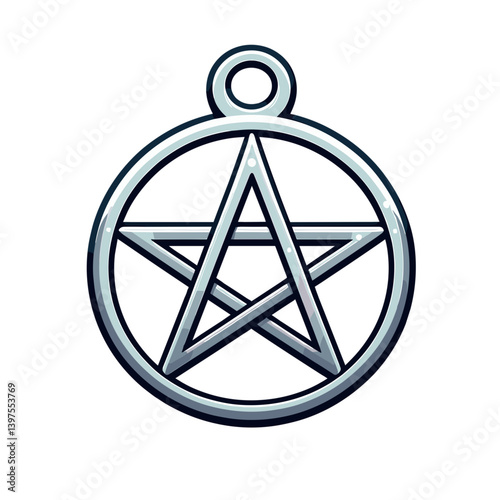 Silver pentagram amulet in mystical geometric style. Perfect for occult symbolism, spiritual protection concepts, and Wiccan practice illustrations.