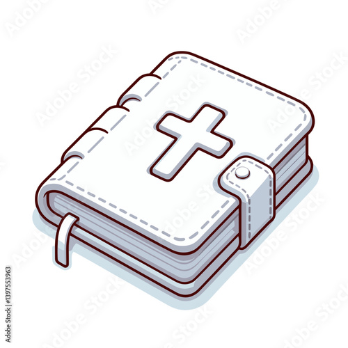 White Bible with cross symbol and bookmark, holy scripture. Ideal for religious services, faith-based education, spiritual guidance, and Christian community resources.
