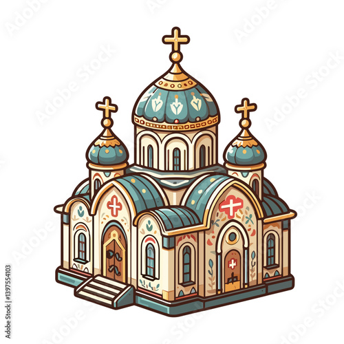 Orthodox church building with blue domes, religious architecture. Perfect for spiritual tourism, religious communities, traditional worship, and cultural heritage illustrations.