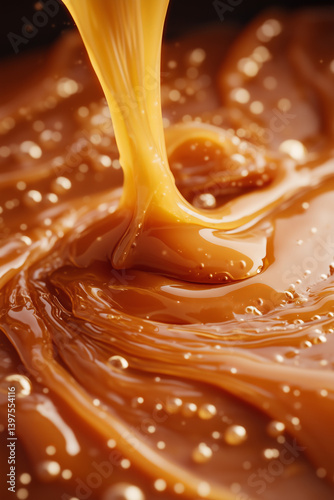 Melted sweet caramel sauce dripping close up detail texture. Rich dessert filling. Pastry and baking concept background.