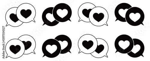 シンプルな重なる吹き出し セット 伝え合うハートマーク 白黒