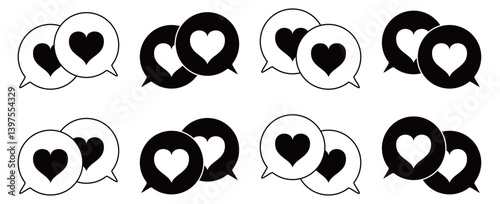 シンプルな重なる吹き出し セット 伝え合うハートマーク 白黒