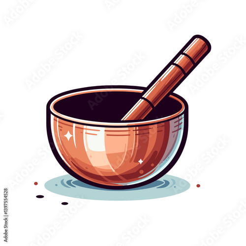 Copper singing bowl with wooden stick. Ideal for meditation accessories, sound healing tools, spiritual practice equipment, or Eastern wellness product marketing.
