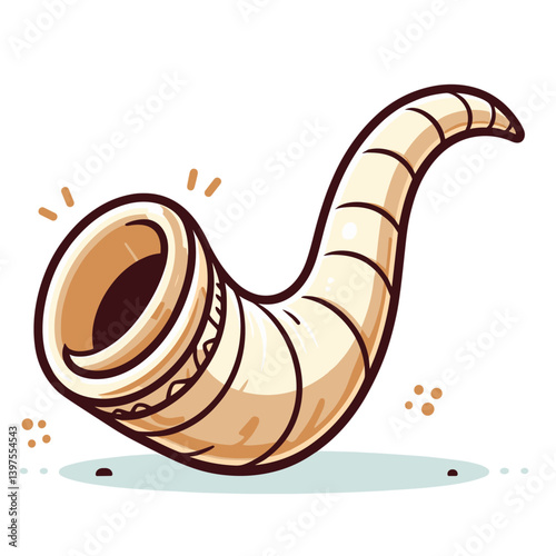 Traditional Jewish shofar horn in curved shape. Ideal for religious ceremony items, Rosh Hashanah observances, Jewish heritage illustrations, or ritual worship accessories.