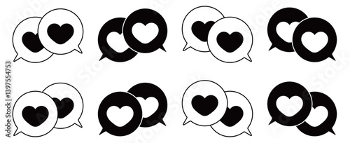 シンプルな重なる吹き出し セット 伝え合うハートマーク 白黒