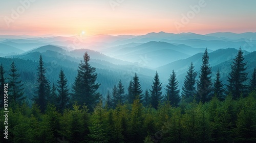 Serene sunrise over misty mountain range with silhouettes of evergreen trees.