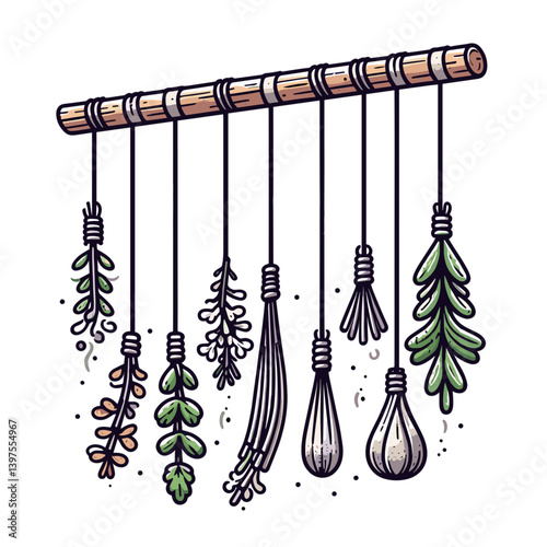 Herb drying rack with hanging plants in rustic style. Ideal for natural kitchen decorations, aromatic plant preservation, and homemade remedy illustrations.