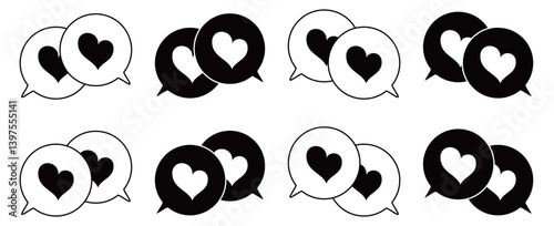 シンプルな重なる吹き出し セット 伝え合うハートマーク 白黒