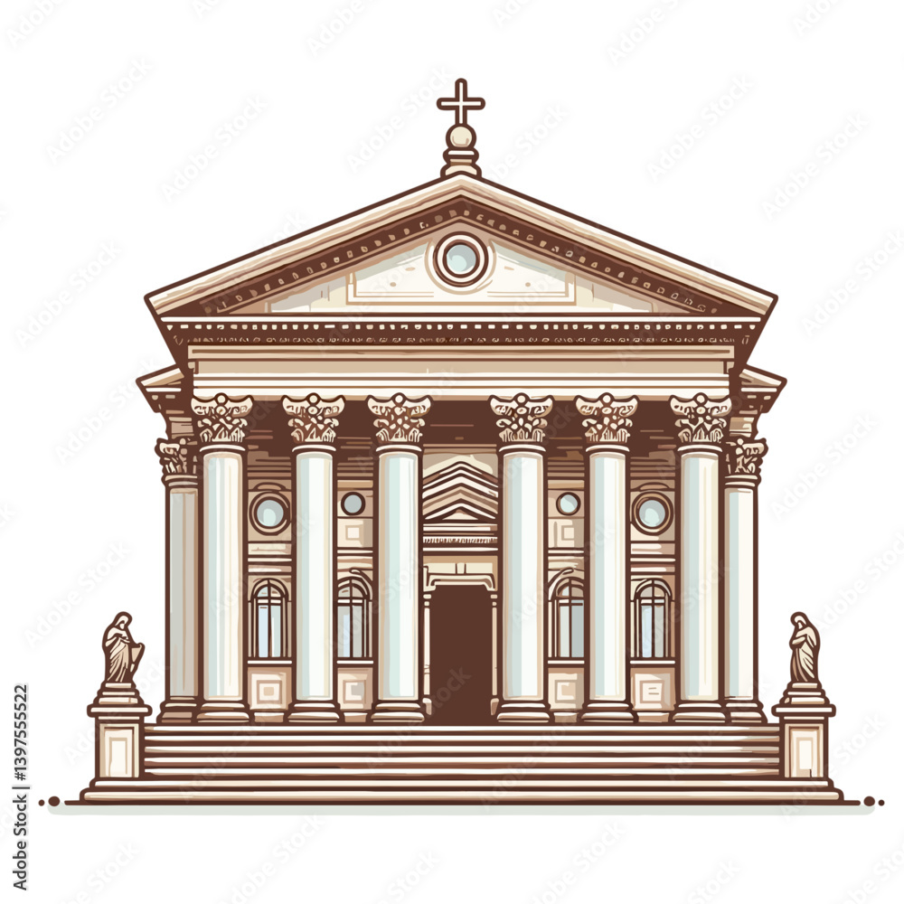 Fototapeta premium Classical temple facade with columns and cross, religious architecture. Perfect for historical references, religious institutions, architectural education, and cultural landmarks.