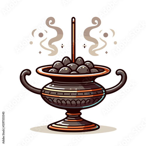 Incense burner with smoking herbs, ceremonial vessel. Perfect for spiritual rituals, meditation practices, religious ceremonies, and traditional cultural observances.