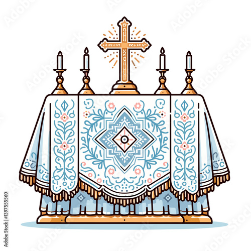 Church altar with decorative cloth, candles and cross, sacred space. Ideal for religious ceremonies, worship services, liturgical traditions, and church interior illustrations.