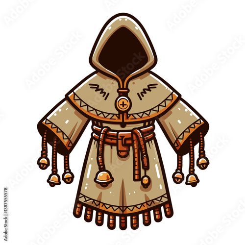 Traditional monk robe with hood and rope belt in earthy tones. Perfect for religious costume illustrations, historical attire and spiritual lifestyle designs.