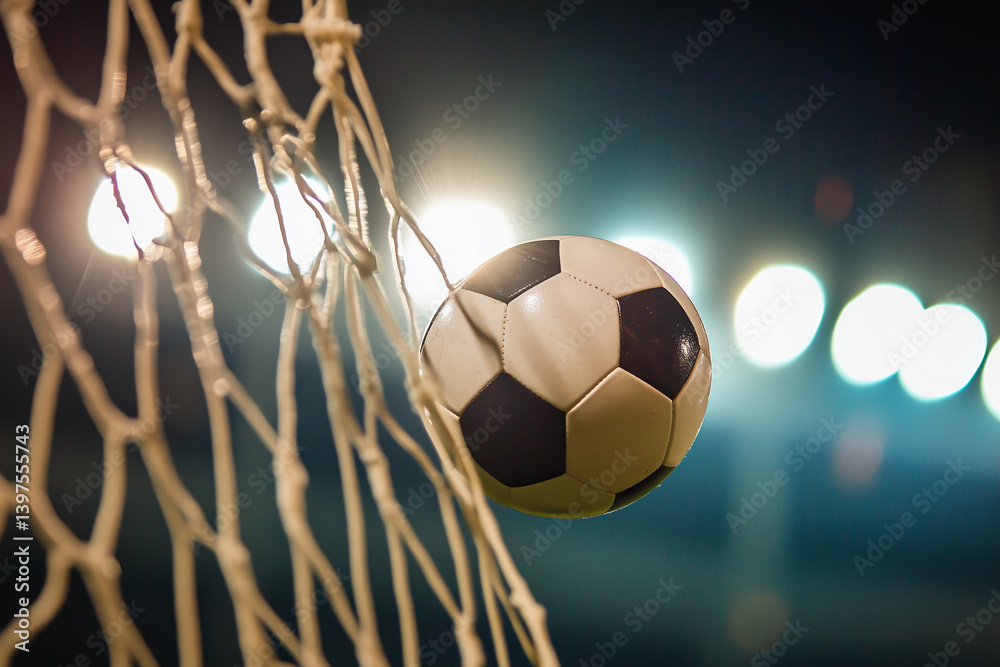 Fast flying soccer ball into goal net against field stadium. Tournament and sport. Competition concept background.
