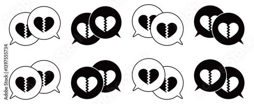 シンプルな重なる吹き出し セット 割れたハートマーク 白黒