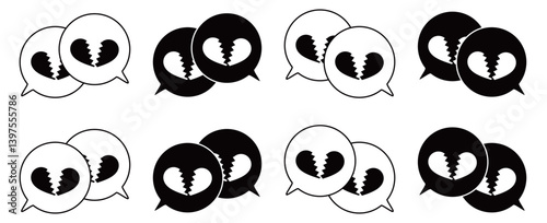 シンプルな重なる吹き出し セット 割れたハートマーク 白黒