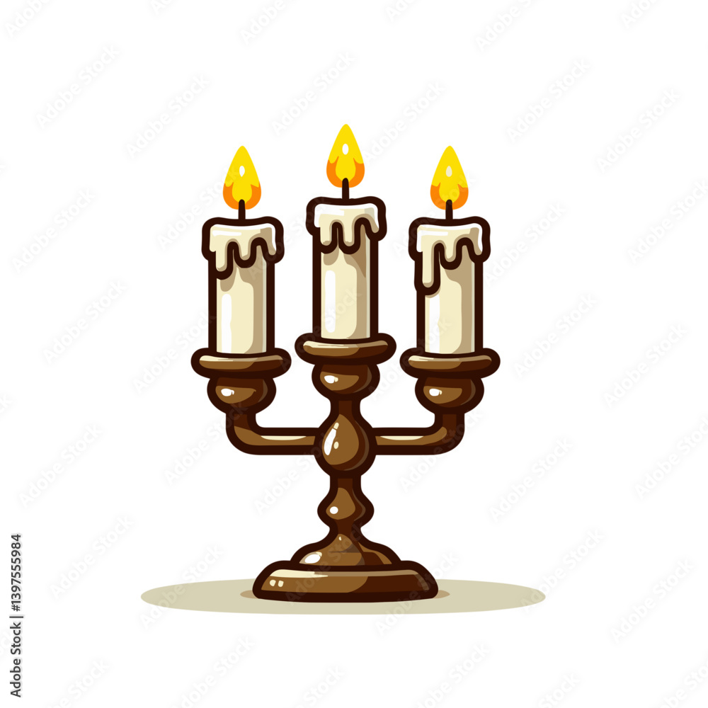 Triple candelabra with lit candles on brass stand. Perfect for formal dining settings, religious ceremonies, romantic occasions, or elegant home decor illustrations. Triple candelabra with lit candles on brass stand. Perfect for formal dining settings, religious ceremonies, romantic occasions, or elegant home decor illustrations.