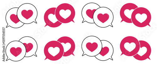 シンプルな重なる吹き出し セット 伝え合うハートマーク 赤色