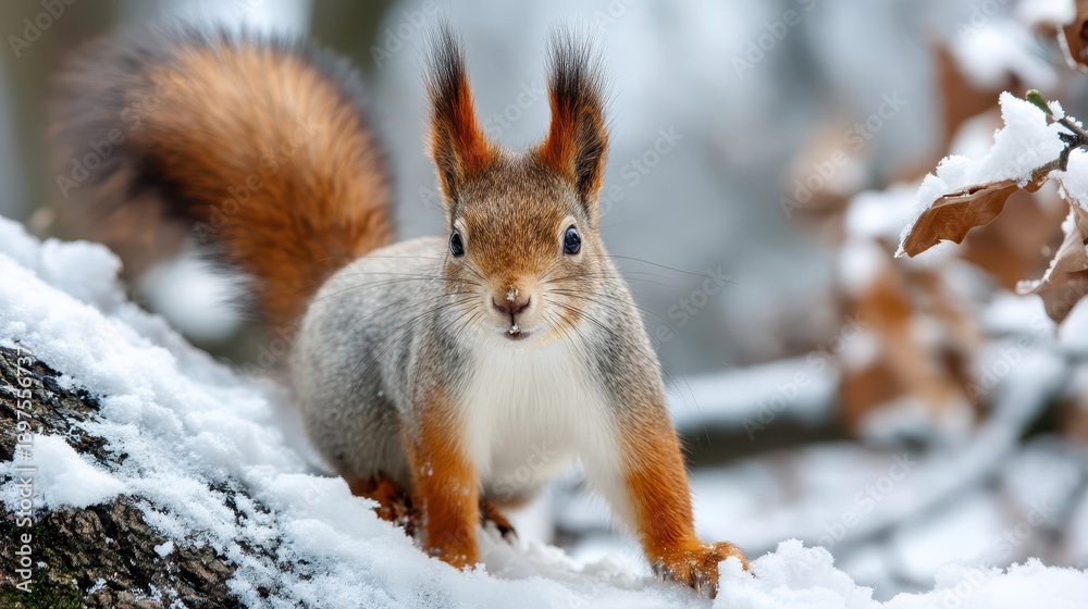 Red squirrel playing in a snowy park during a winter day Red squirrel playing in a snowy park during a winter day