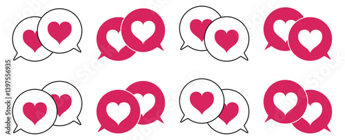 シンプルな重なる吹き出し セット 伝え合うハートマーク 赤色