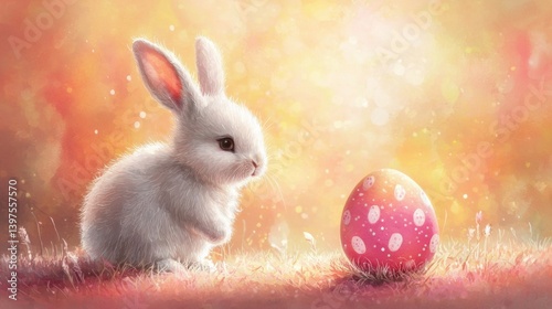 An adorable fluffy white baby bunny rabbit sits in soft grass next to a large pink and white polka dot Easter egg in a sunlit sp meadow.