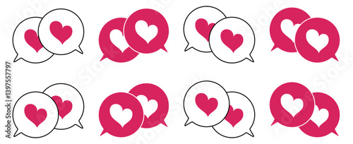 シンプルな重なる吹き出し セット 伝え合うハートマーク 赤色