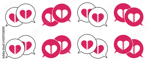シンプルな重なる吹き出し セット 割れたハートマーク 赤色