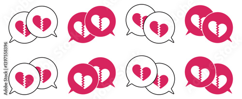 シンプルな重なる吹き出し セット 割れたハートマーク 赤色