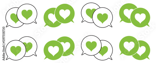 シンプルな重なる吹き出し セット 伝え合うハートマーク 黄緑色