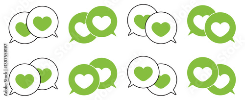 シンプルな重なる吹き出し セット 伝え合うハートマーク 黄緑色