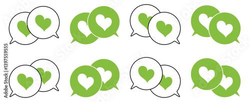 シンプルな重なる吹き出し セット 伝え合うハートマーク 黄緑色